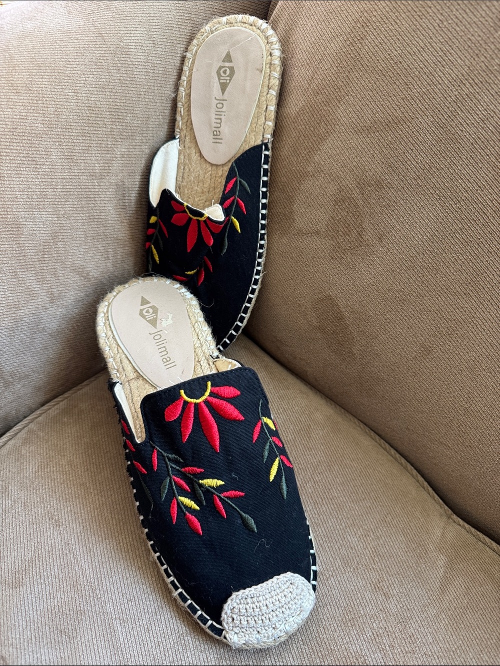 Jolmali Black Espadrille Slip-On Mules with Red & Yellow Floral Embroidery